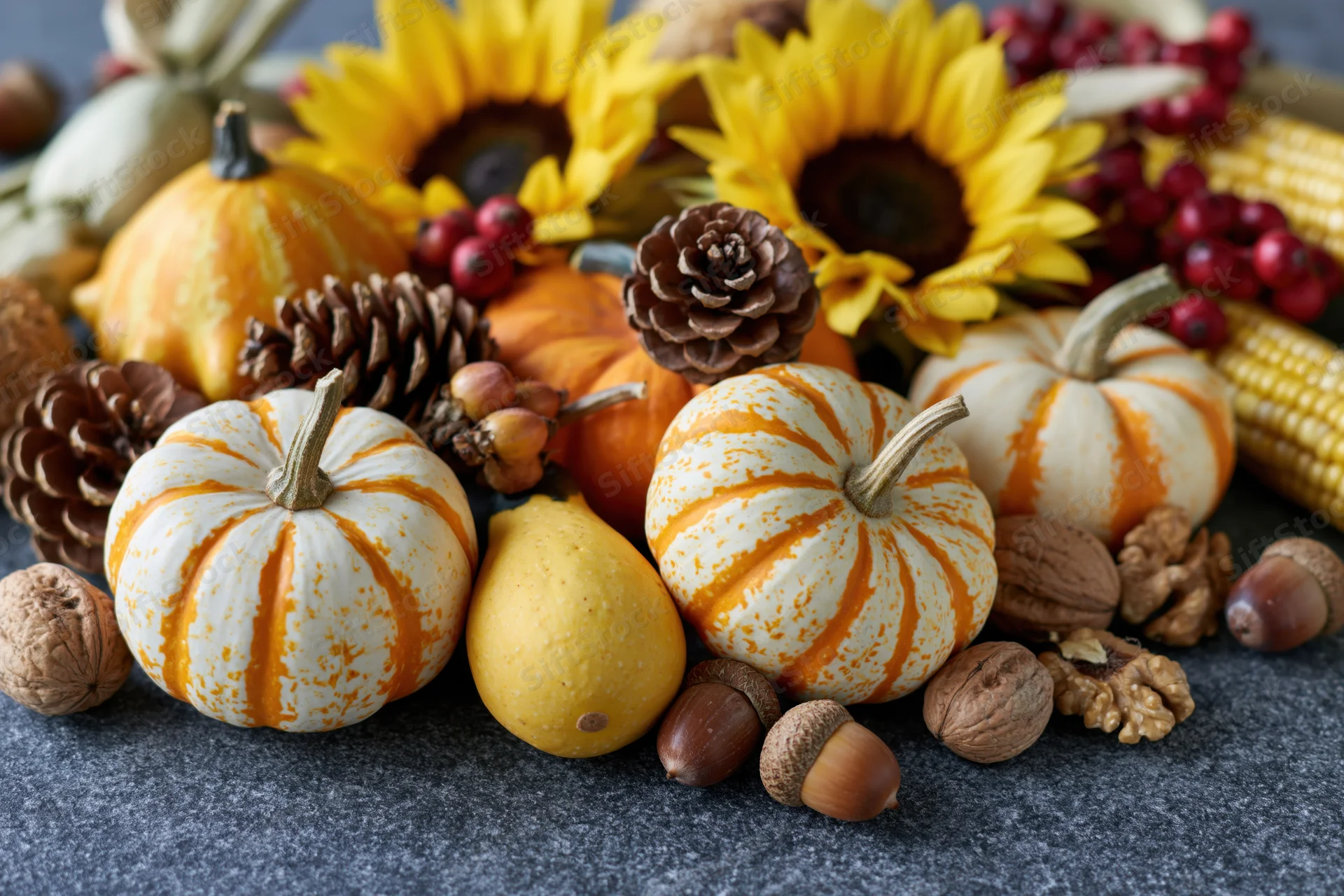 Autumn harvest still life with pumpkins, gourds, sunflowers, corn, acorns, pinecones, and nuts arranged on dark grey stone surface