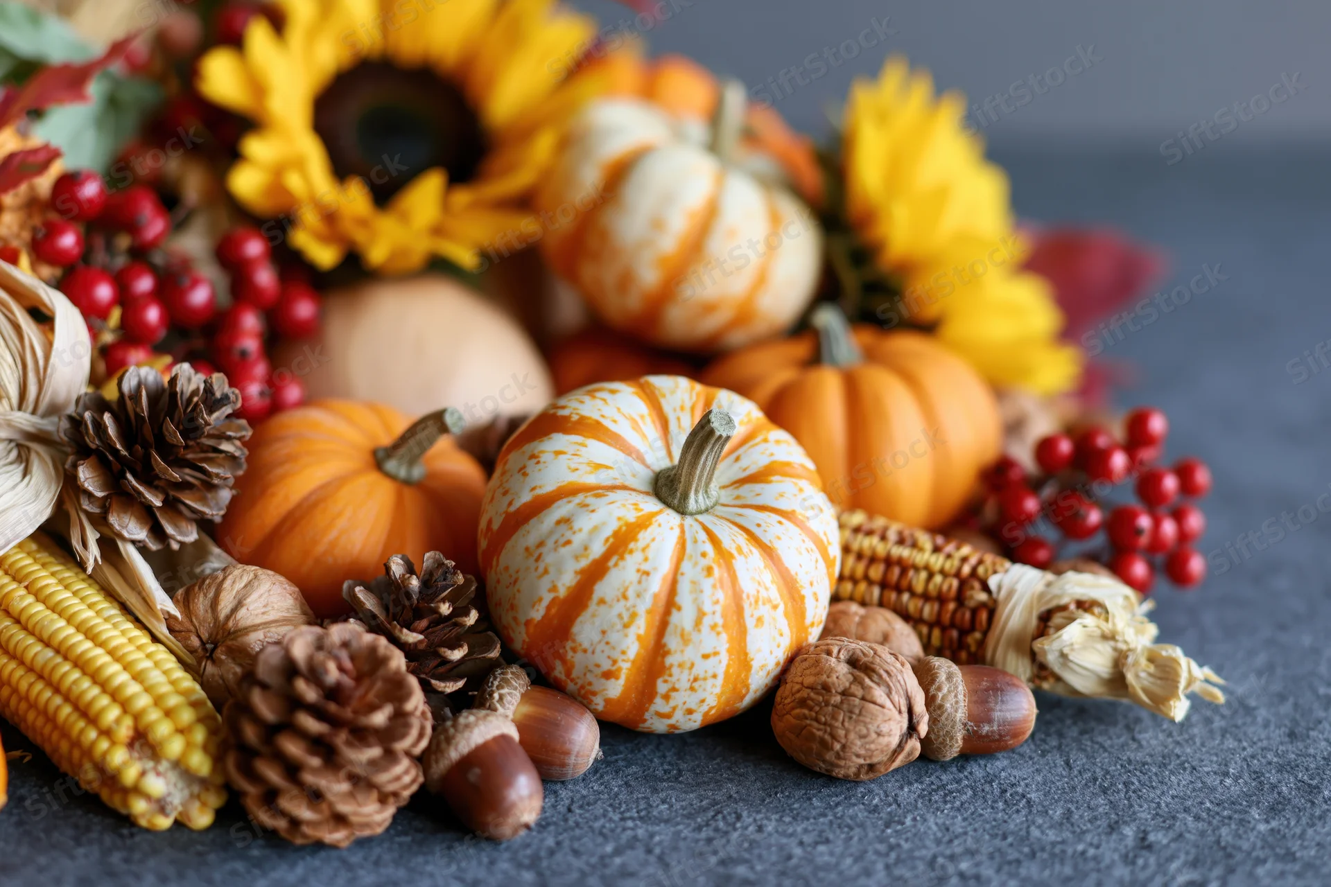 Autumn harvest still life with pumpkins, corn, pinecones and sunflowers arranged on a dark grey stone surface