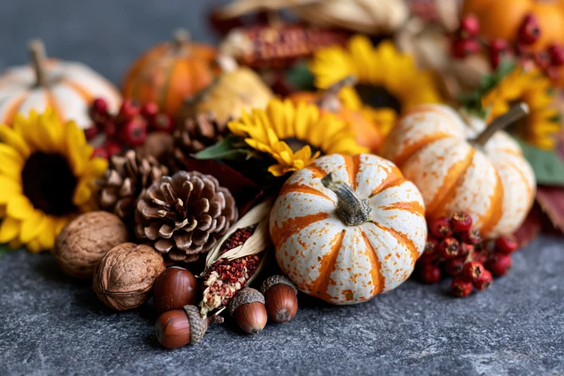 Autumn harvest still life with pumpkins, sunflowers, pinecones and nuts arranged on dark grey stone surface