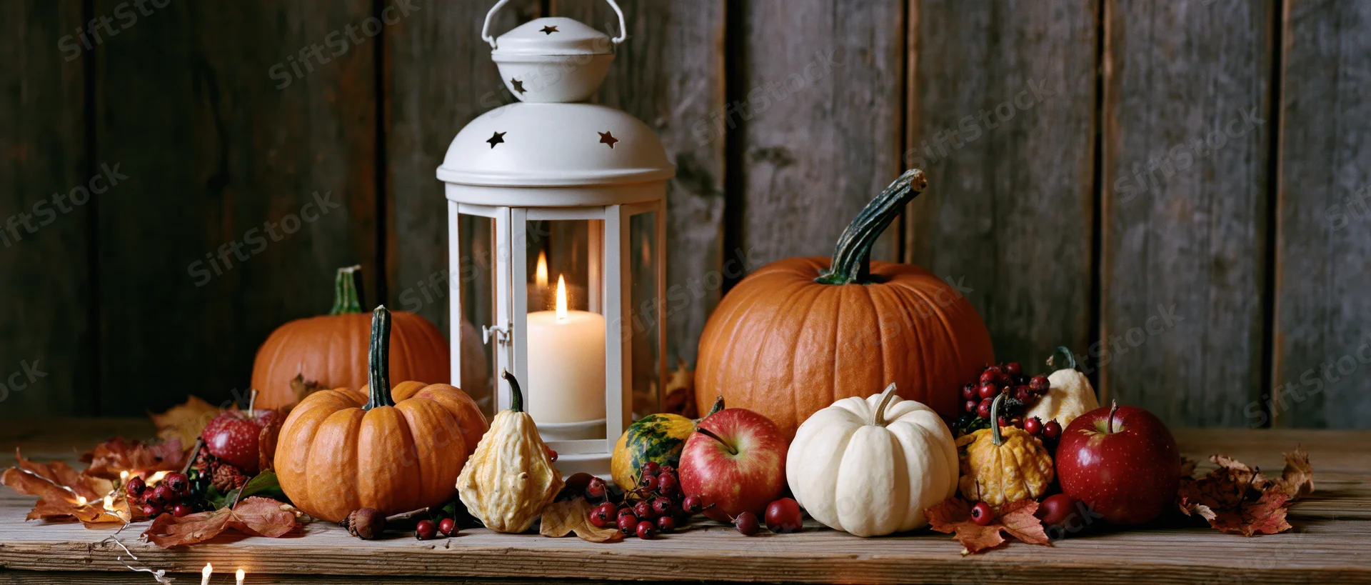 Autumn harvest still life with pumpkins, apples, and a lit lantern arranged on a rustic wooden table