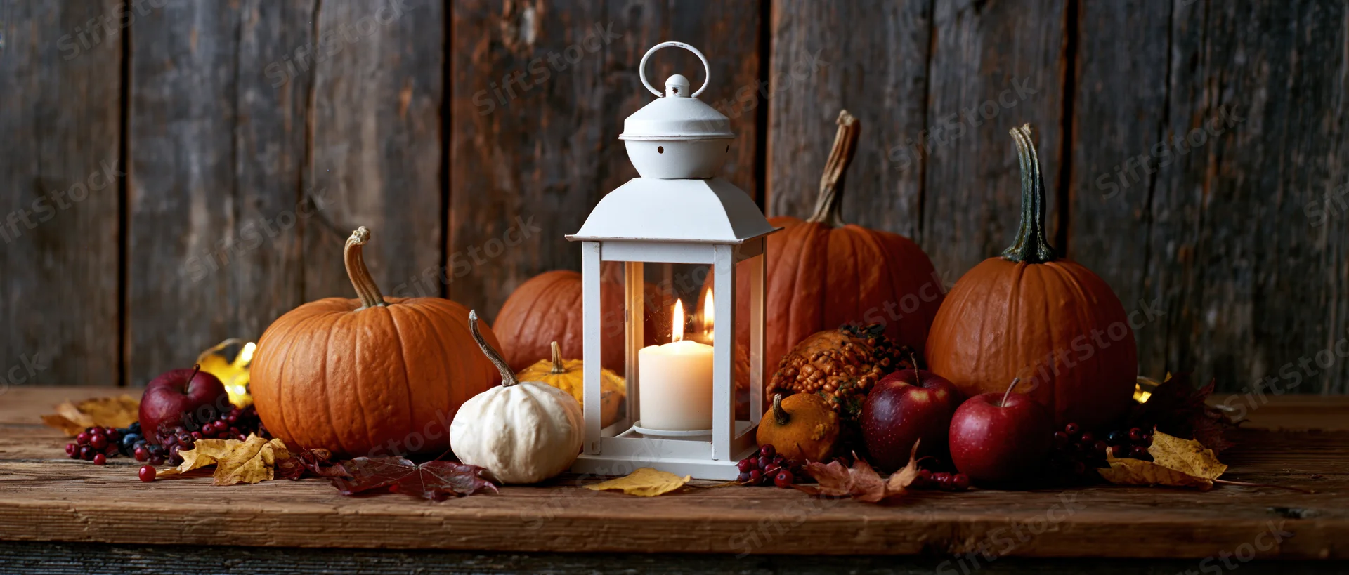 Autumn harvest still life with pumpkins, apples, and a lit lantern on a rustic wooden table