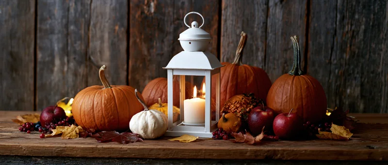 Autumn harvest still life with pumpkins, apples, and a lit lantern on a rustic wooden table