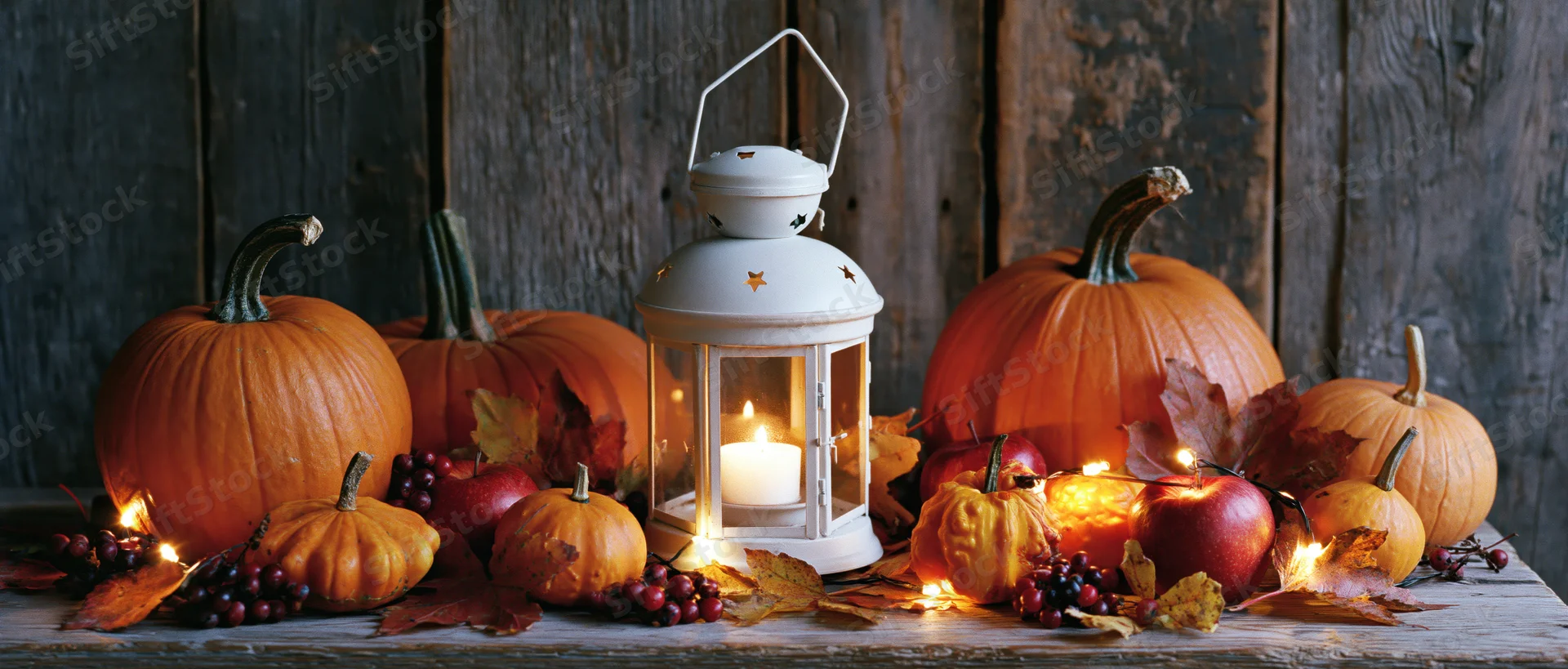 Pumpkins and apples arranged with a lit lantern and autumn leaves on a rustic wooden table
