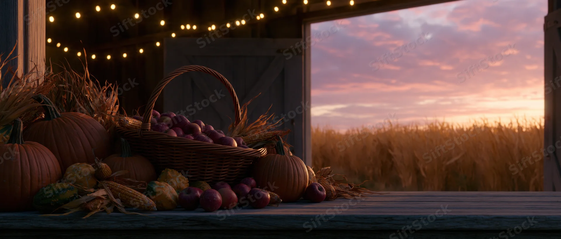 Autumn harvest still life with pumpkins, apples, corn and wheat on a wooden barn table at sunset