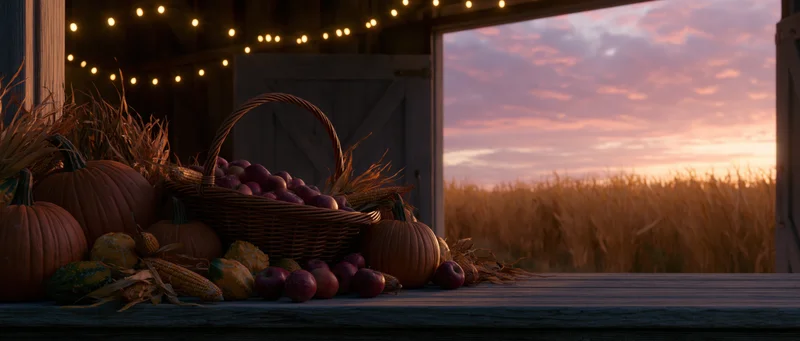 Autumn harvest still life with pumpkins, apples, corn and wheat on a wooden barn table at sunset