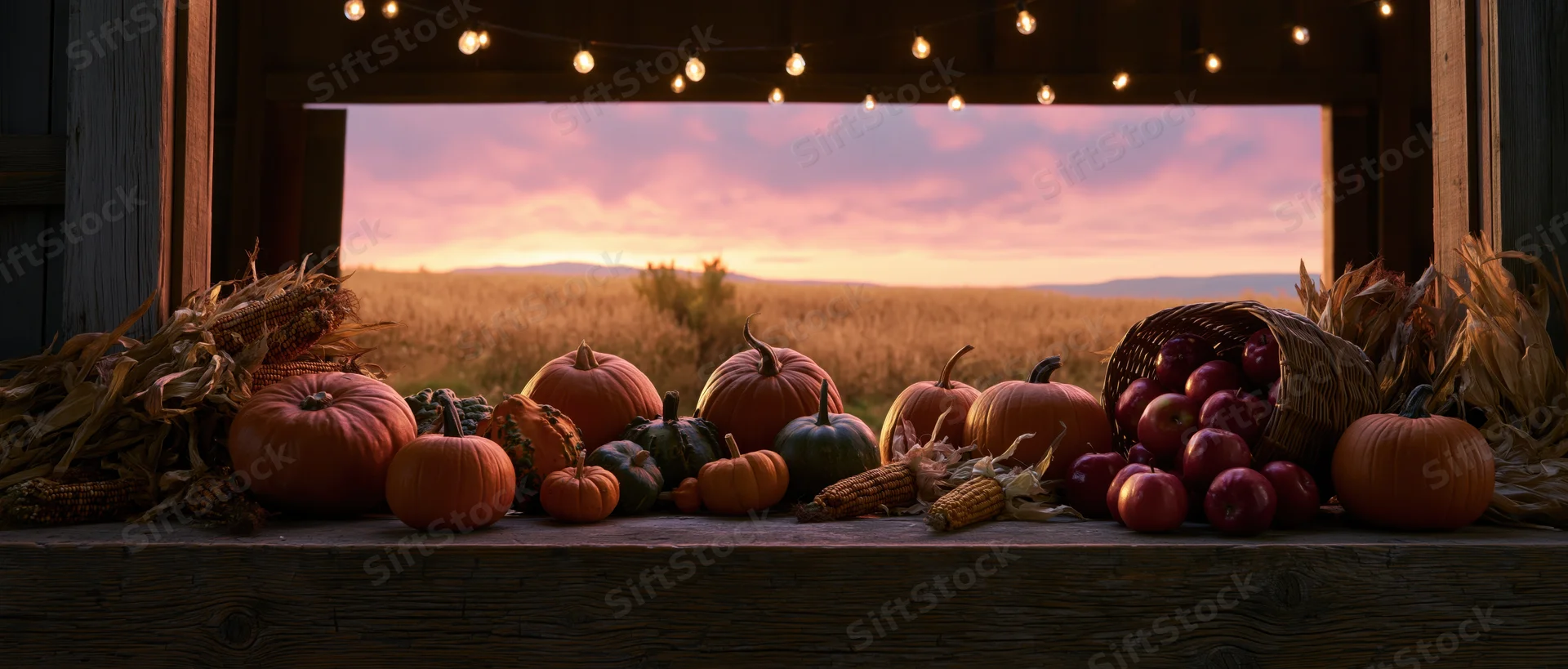 Autumn harvest still life with pumpkins, corn, and apples arranged on a weathered wooden barn ledge at sunset