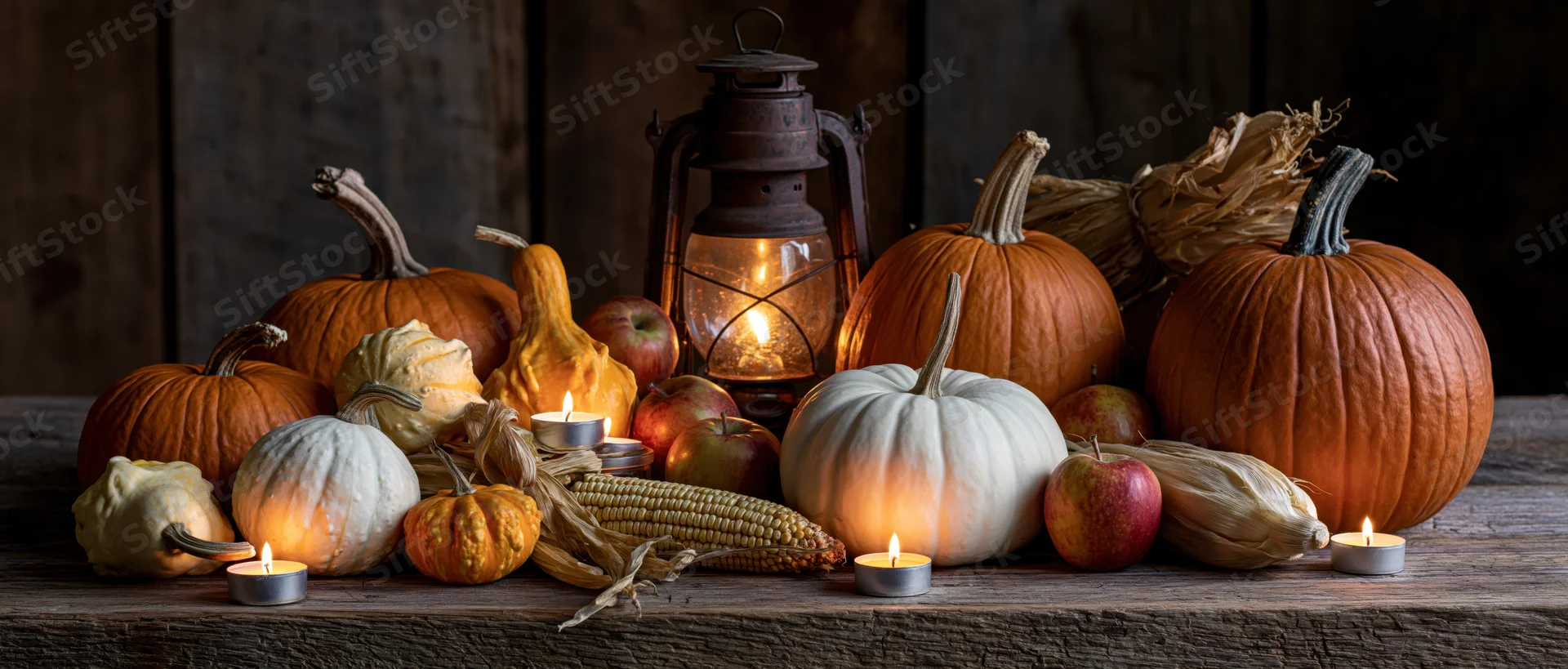 Autumn harvest still life with pumpkins, gourds, apples, corn, and candles on a rustic wooden table