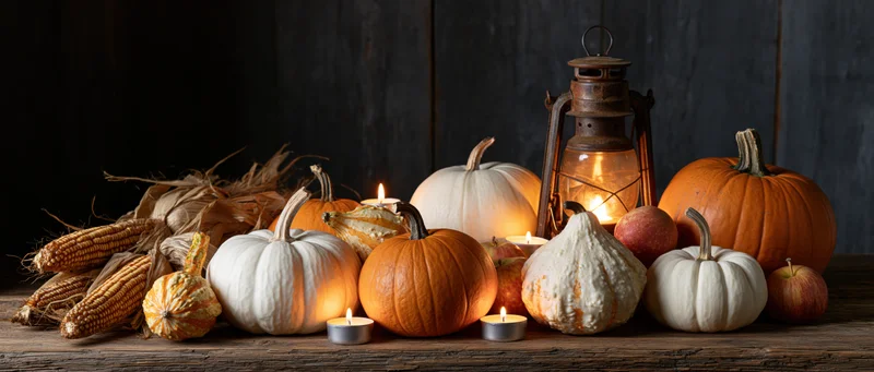 Autumn harvest still life with pumpkins, corn, and lantern on a rustic wooden table