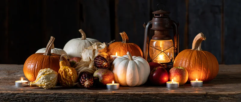 Autumn harvest still life with pumpkins, gourds, apples, corn, lantern and candles on a rustic wooden table