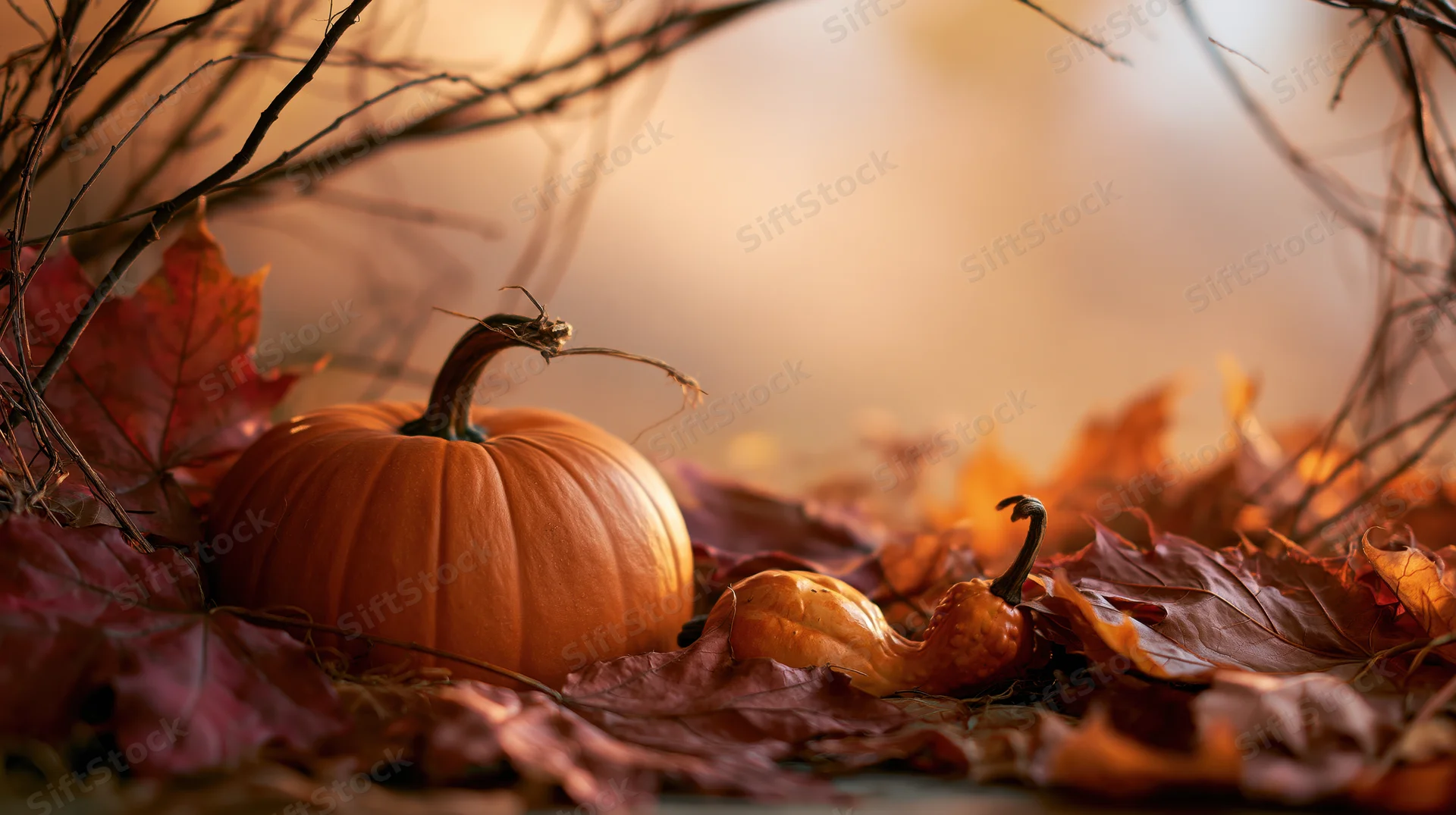 Orange pumpkin resting among fallen autumn leaves and bare branches on a warm-lit surface