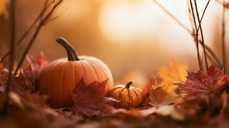 Orange pumpkin and small gourd resting among fallen maple leaves in warm autumn light