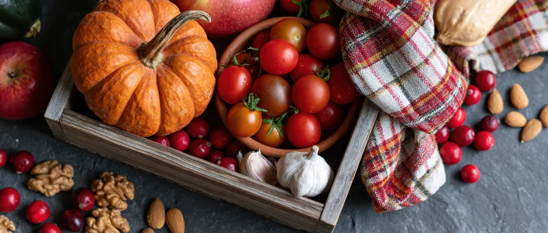 Autumn harvest still life with pumpkin, tomatoes, apples, cranberries, garlic, nuts and plaid cloth in wooden crate on dark surface