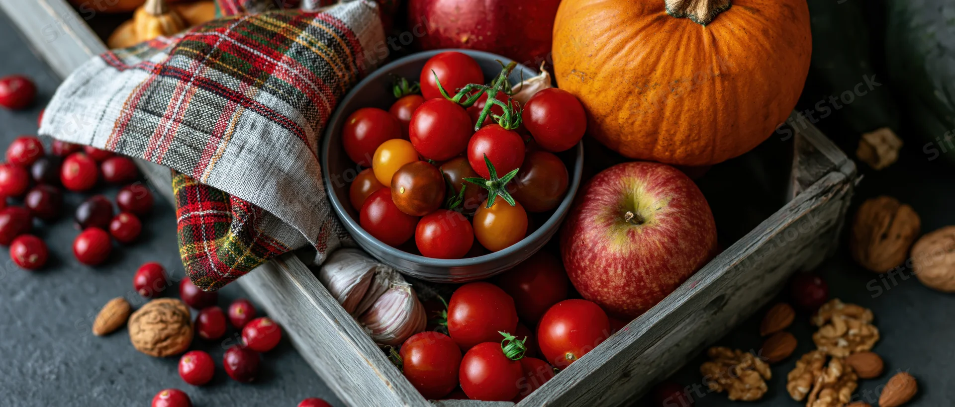 Autumn harvest produce arranged in a weathered wooden crate with plaid cloth and scattered nuts on dark surface