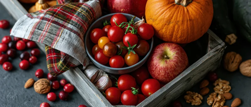 Autumn harvest produce arranged in a weathered wooden crate with plaid cloth and scattered nuts on dark surface