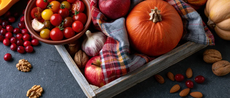 Autumn harvest still life with pumpkins, apples, cranberries, and nuts in a wooden crate on dark surface