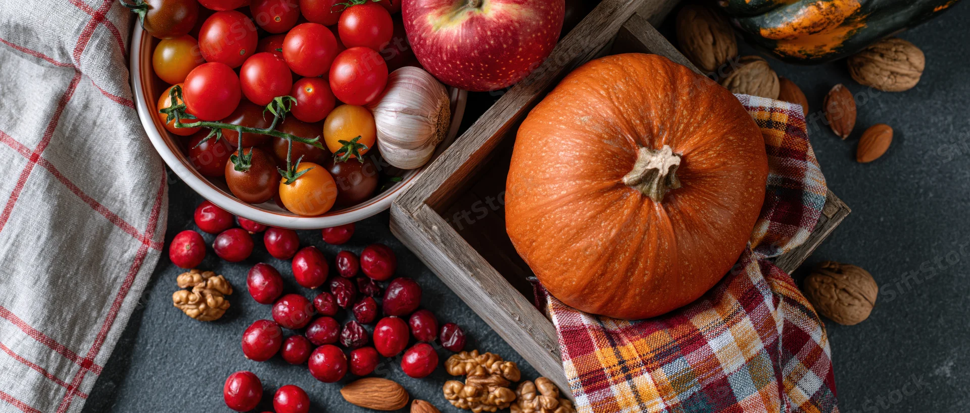 Autumn harvest still life with pumpkin, tomatoes, cranberries and nuts in a wooden crate on a dark surface with plaid cloth