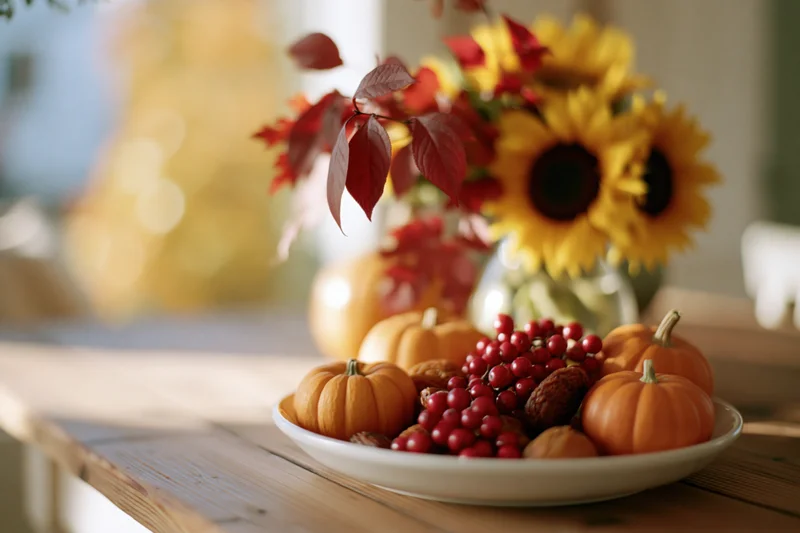Autumn harvest display with small pumpkins and red berries on a wooden table
