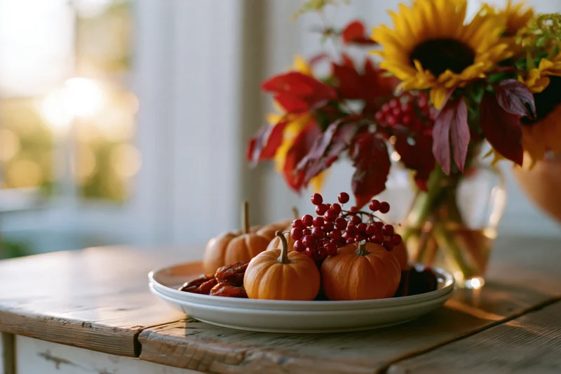 Autumn harvest display with small pumpkins and red berries on a wooden table near a window