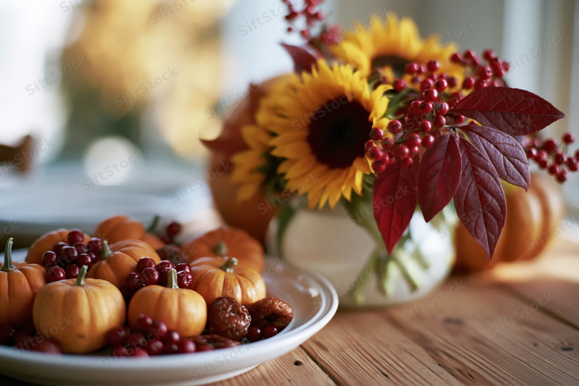 Autumn harvest display with small pumpkins and red berries on a wooden table