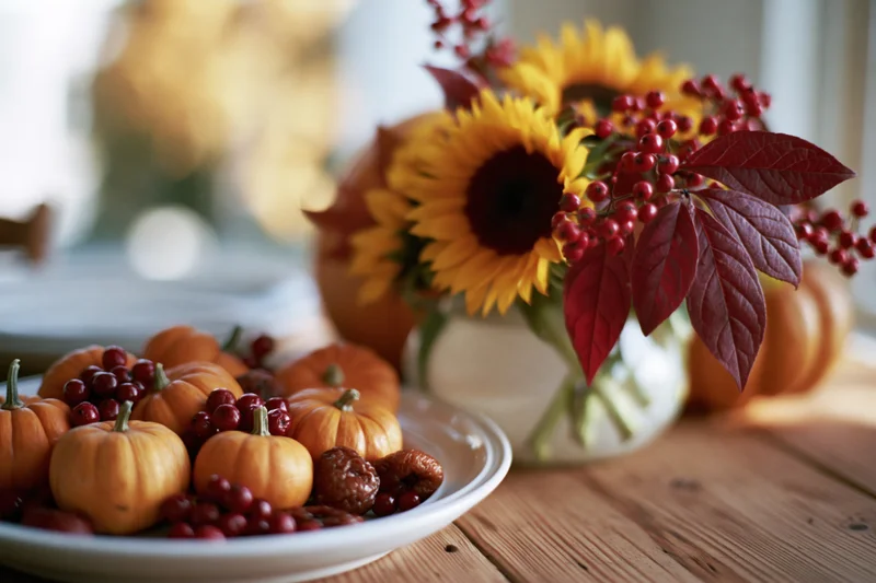 Autumn harvest display with small pumpkins and red berries on a wooden table