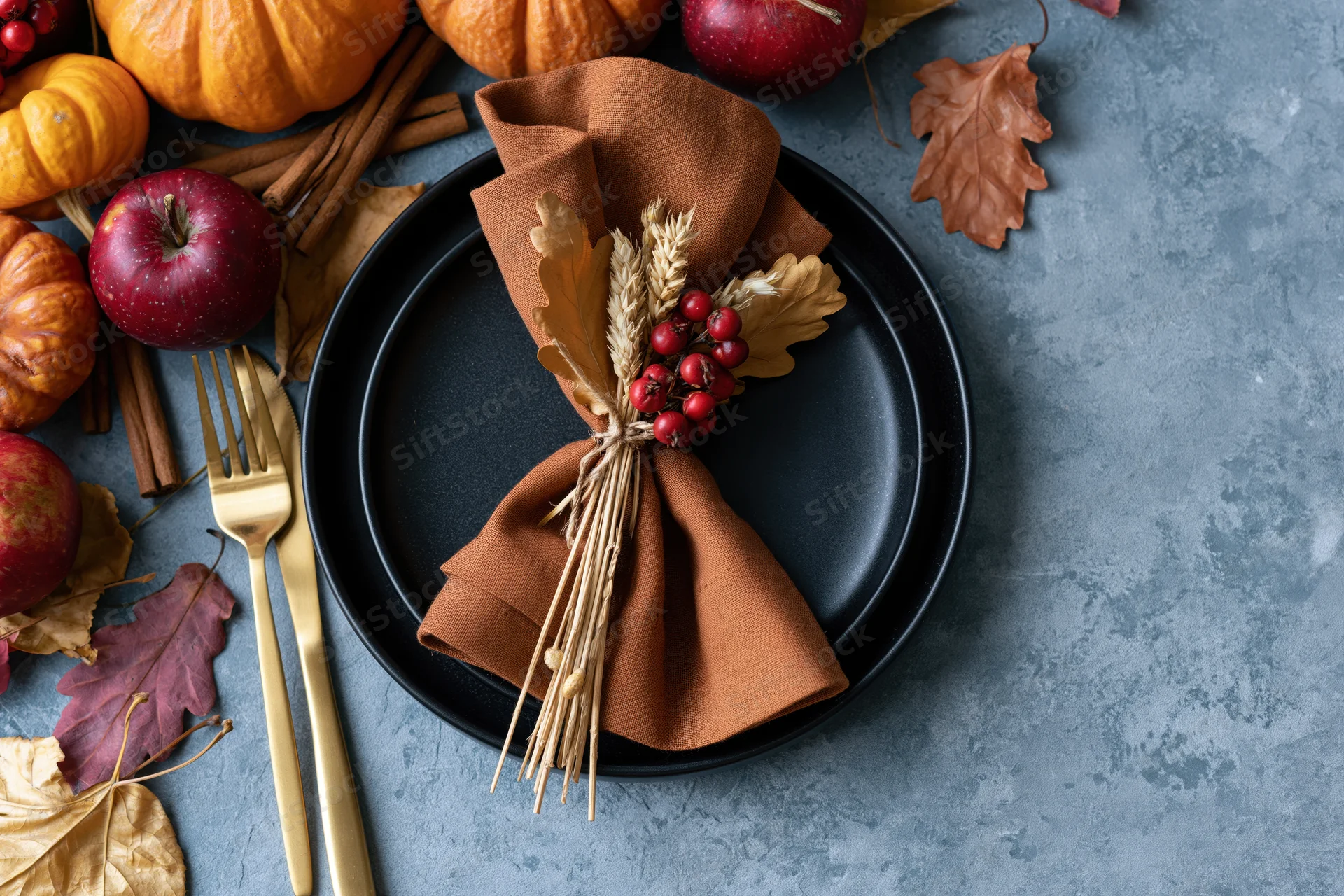 Overhead view of autumn harvest table setting with black plate, folded napkin, wheat bundle, berries, pumpkins, apples, cinnamon sticks, and gold cutlery on textured surface
