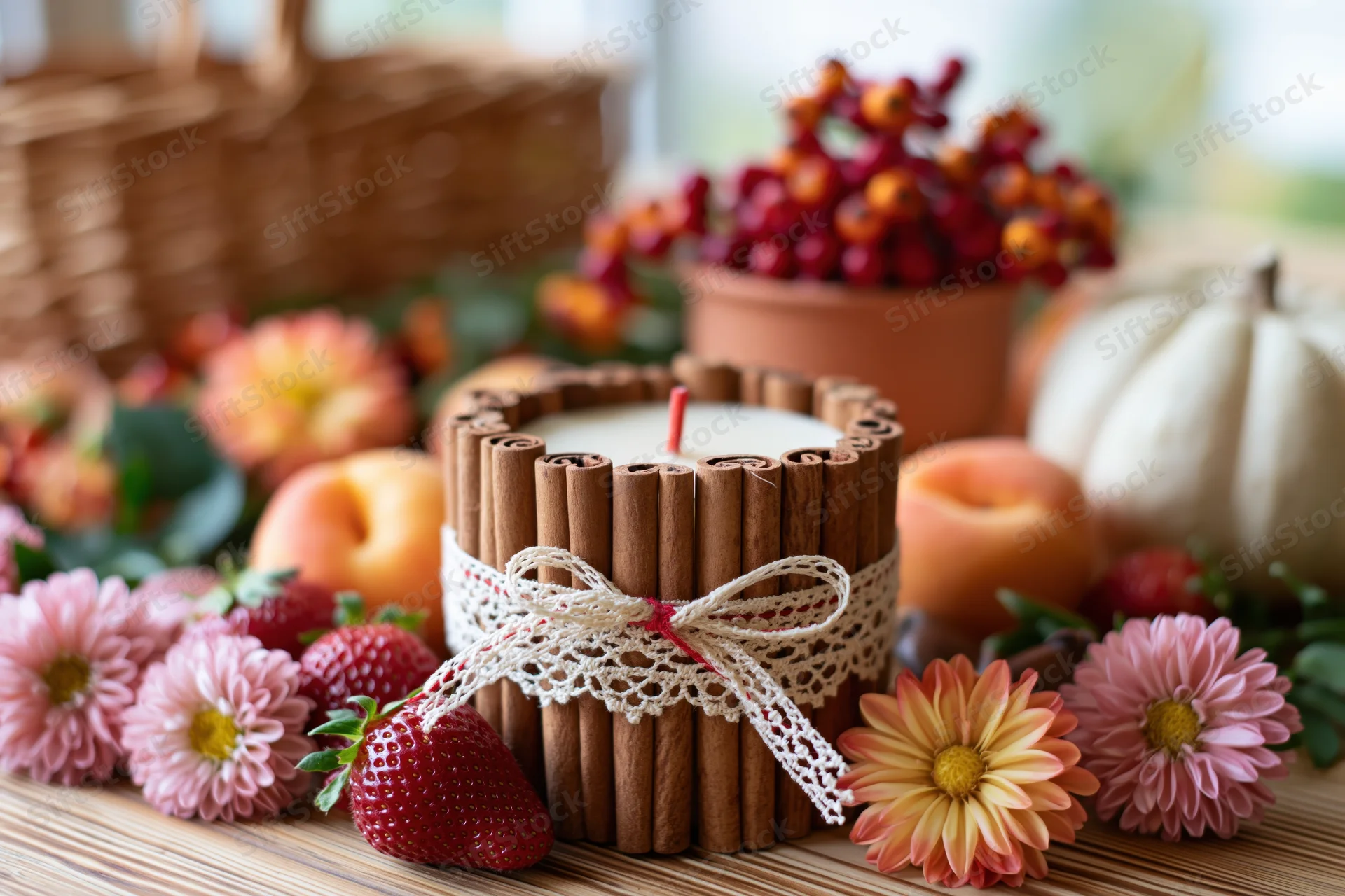 Handmade cinnamon candle with lace ribbon on autumn harvest table surrounded by pumpkins, peaches, strawberries and flowers
