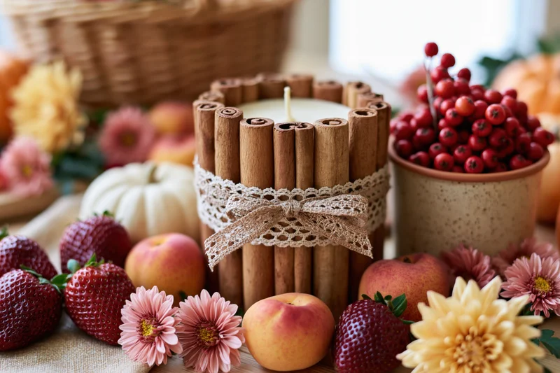 Handmade candle wrapped in cinnamon sticks with lace ribbon on autumn harvest table surrounded by fruits flowers and pumpkins