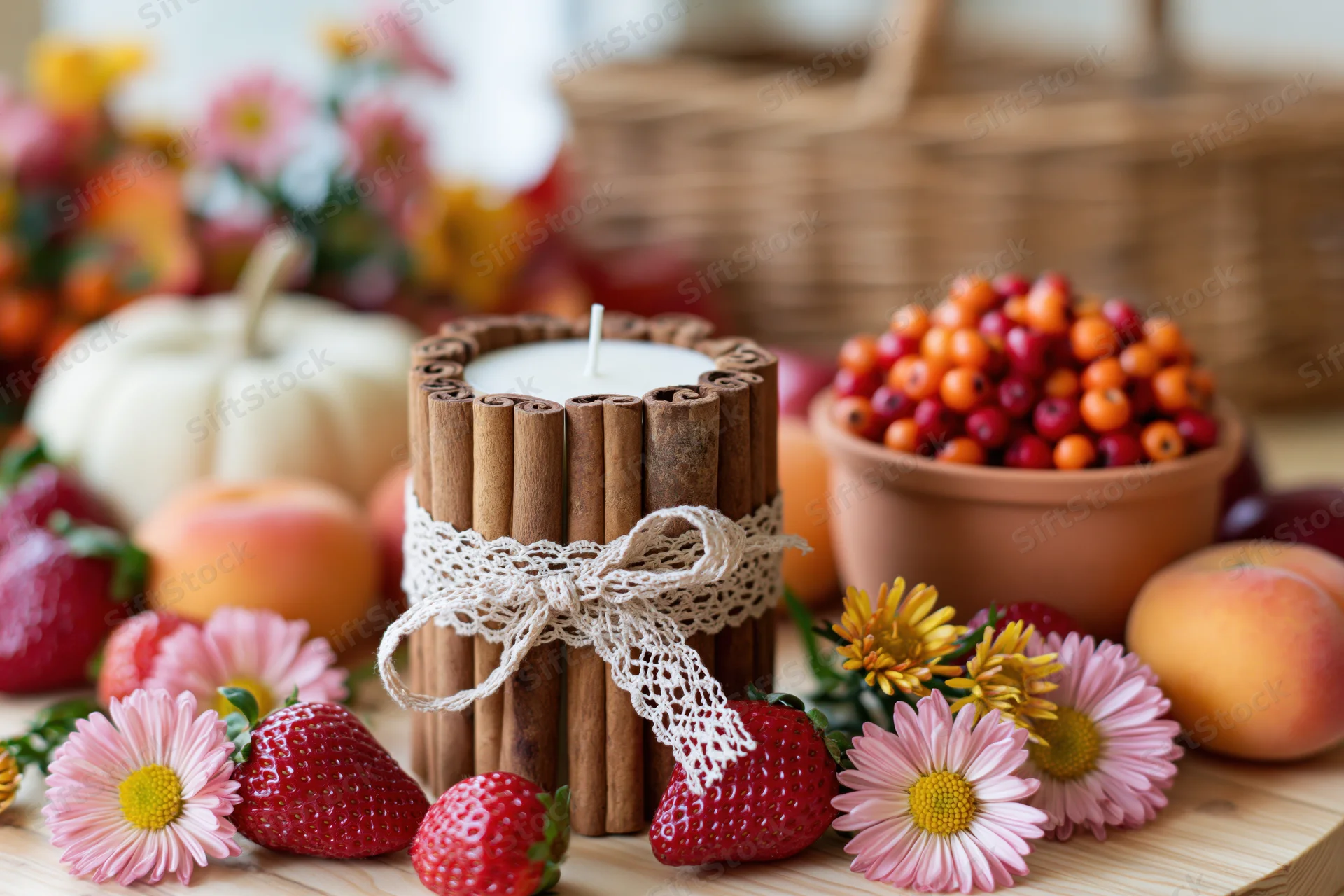 Handmade cinnamon candle centerpiece surrounded by strawberries, flowers, pumpkins and peaches on a wooden table