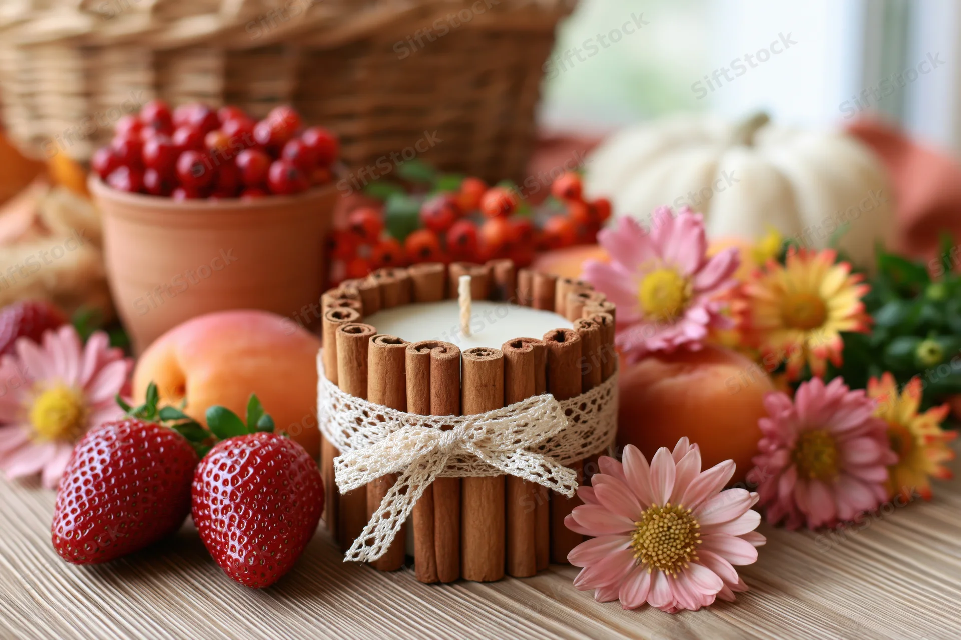 Handmade cinnamon candle with lace bow surrounded by autumn fruits and flowers on a wooden table