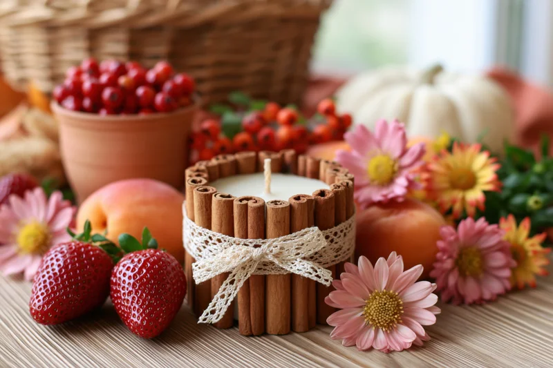 Handmade cinnamon candle with lace bow surrounded by autumn fruits and flowers on a wooden table