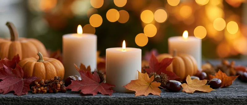 Three lit pillar candles on a rustic table surrounded by pumpkins and autumn leaves