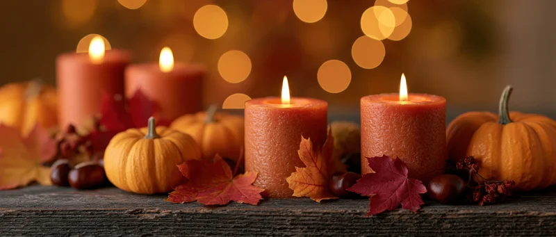 Lit candles and small pumpkins with autumn leaves arranged on a wooden table