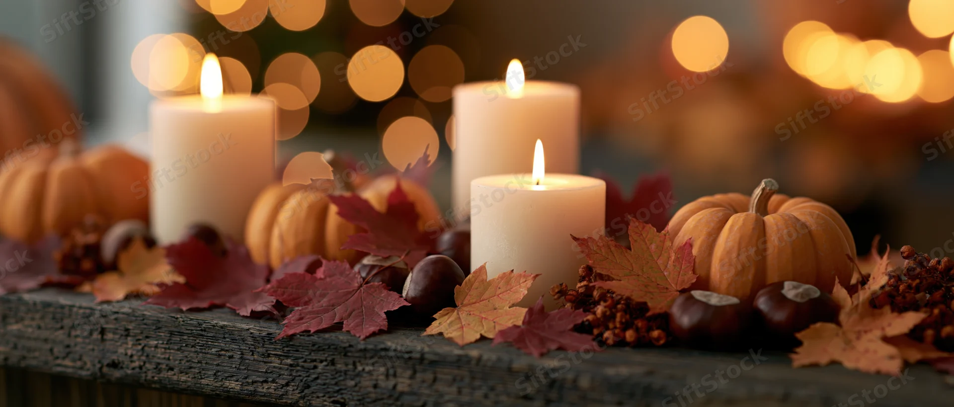 Three lit pillar candles arranged with pumpkins, autumn leaves and acorns on a rustic wooden table