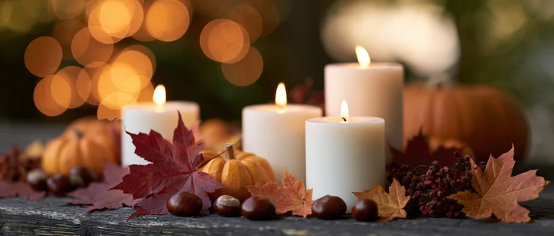 Autumn harvest table centerpiece with lit candles, pumpkins, leaves and acorns on rustic wood