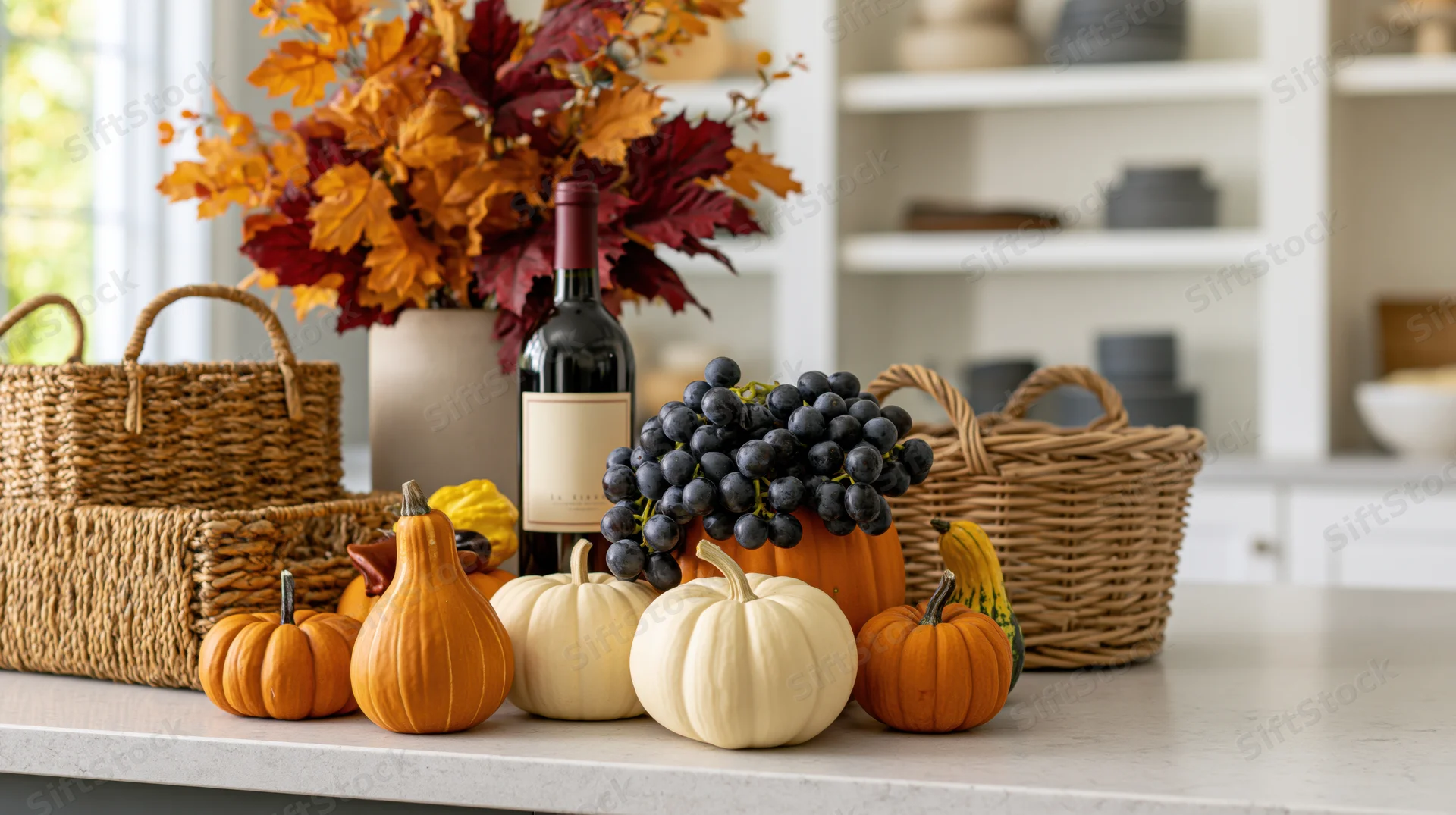 Autumn harvest tablescape on kitchen counter with pumpkins, grapes, wine bottle, and wicker baskets