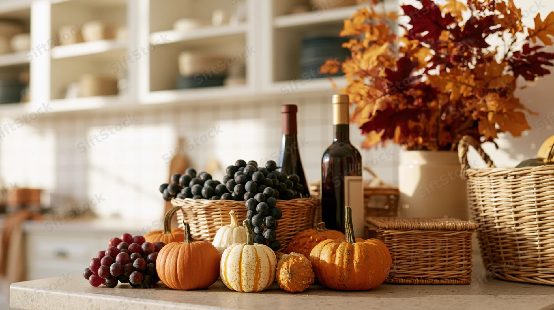 Autumn harvest arrangement with pumpkins, grapes, and wine on a kitchen counter