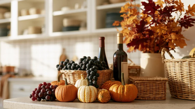 Autumn harvest arrangement with pumpkins, grapes, and wine on a kitchen counter
