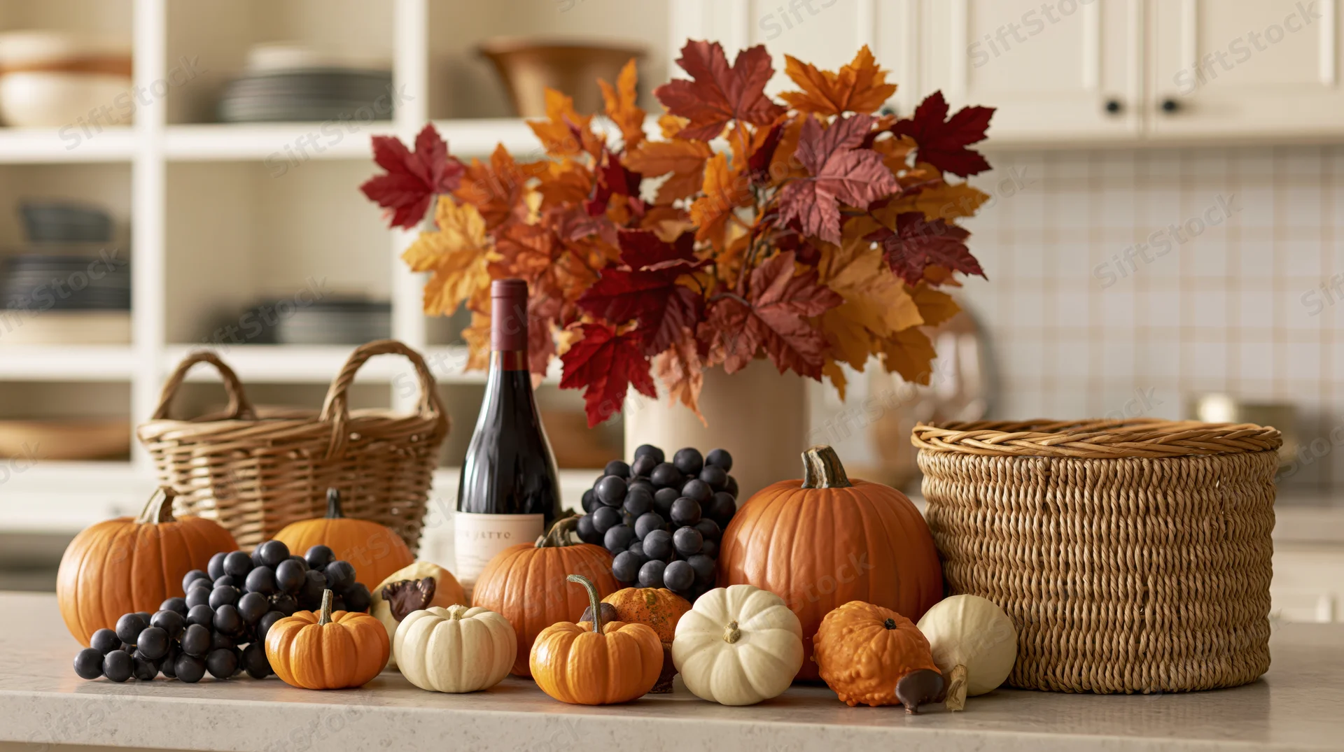 Autumn harvest arrangement with pumpkins, grapes, and wine on a kitchen counter
