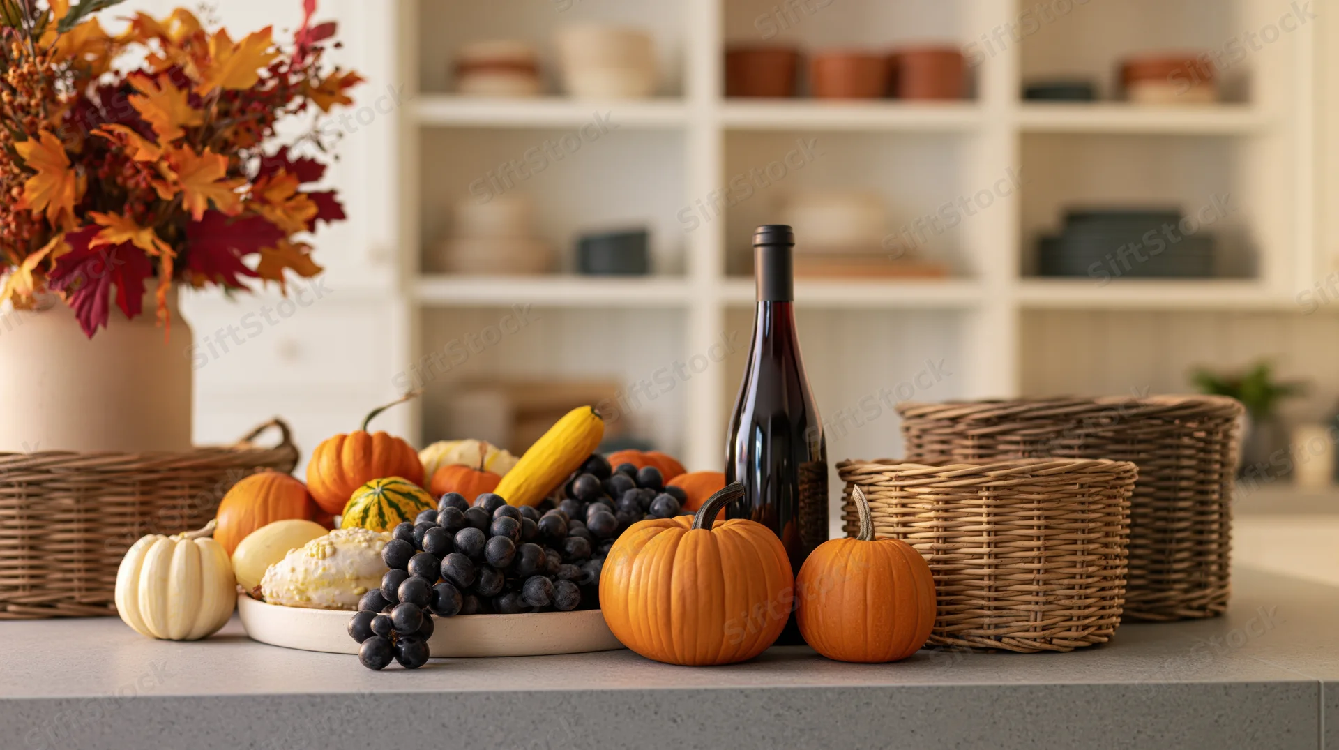 Autumn harvest arrangement with pumpkins, grapes, and wine on a kitchen counter