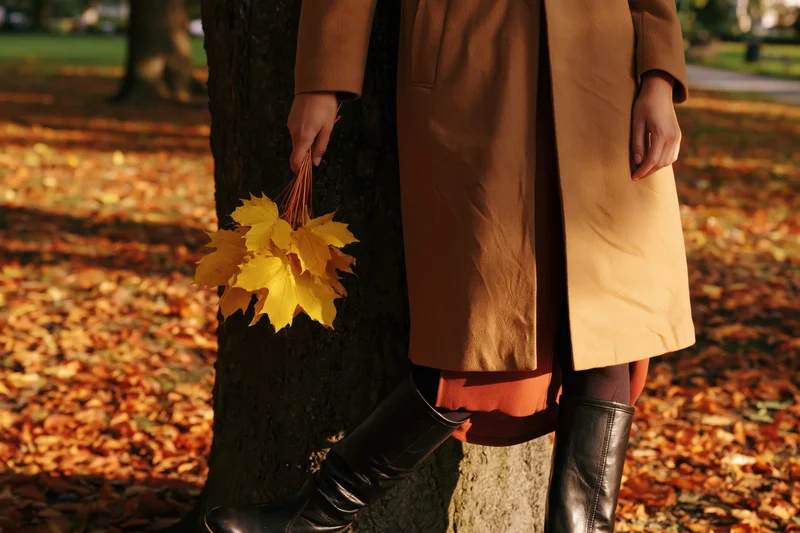 Woman in brown coat holding yellow leaves beside tree in autumn park