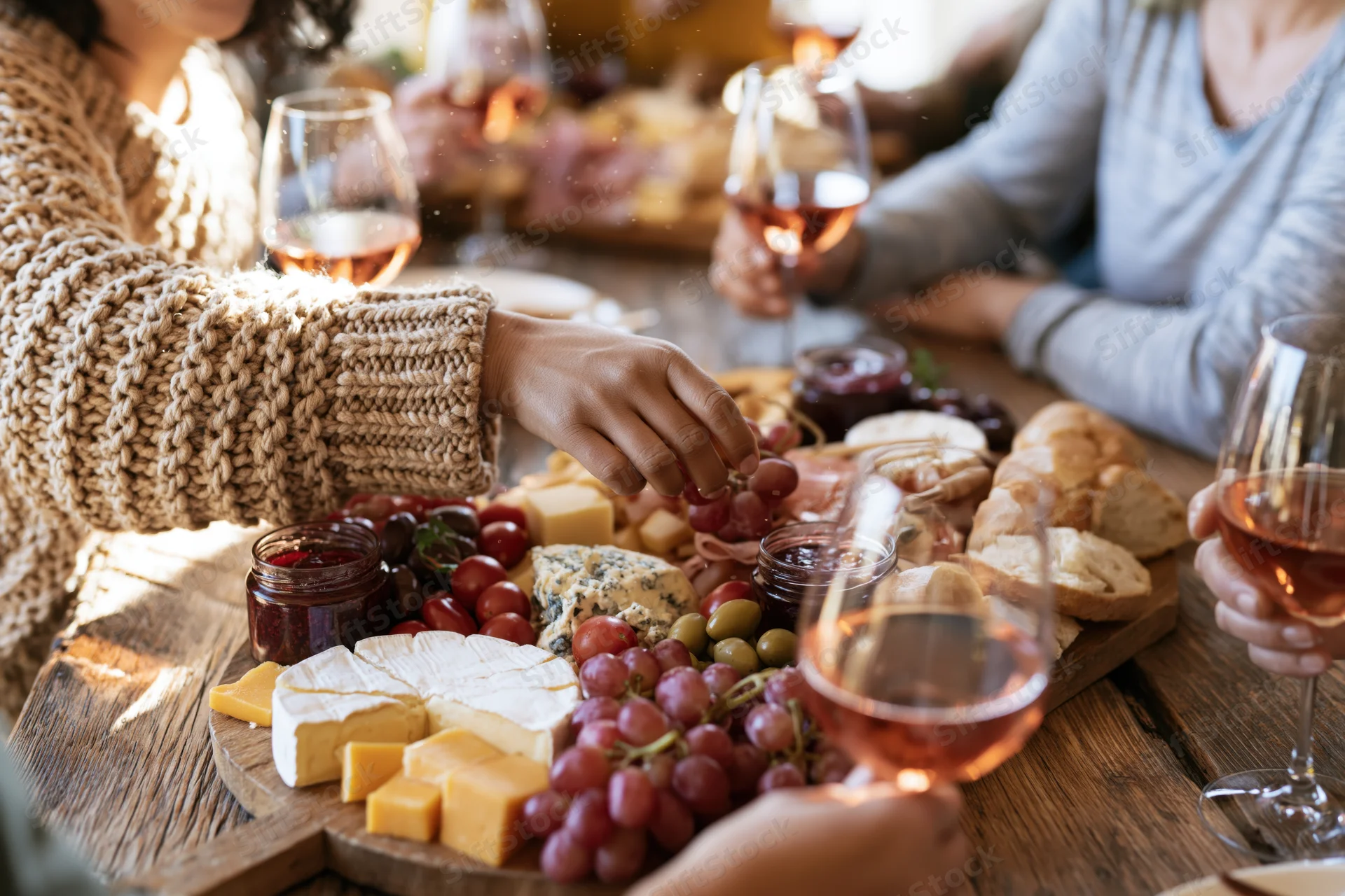 Friends sharing a charcuterie board with cheese, grapes, and wine at a rustic wooden table