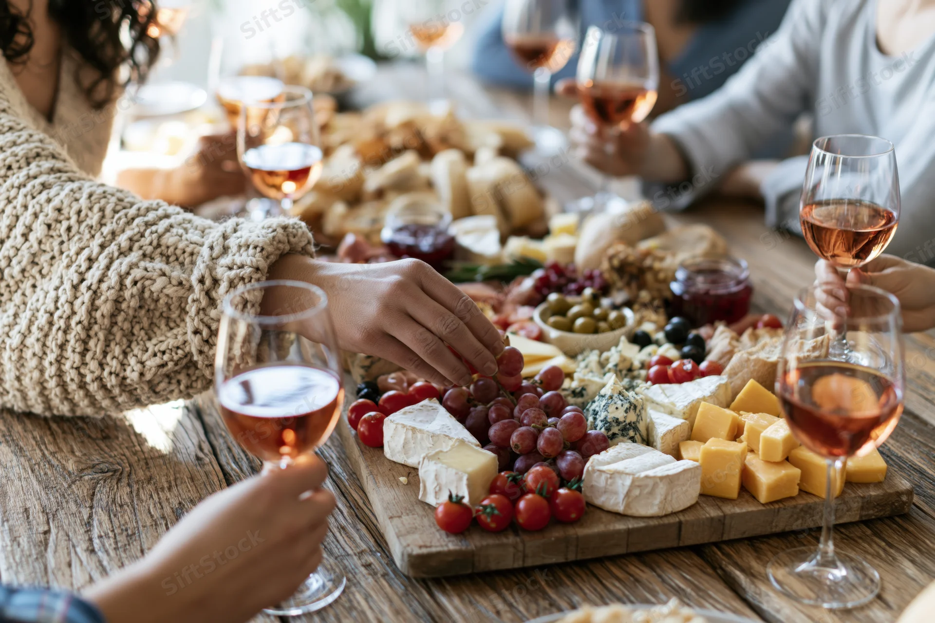 Friends sharing a charcuterie board with wine and cheese at a rustic wooden table