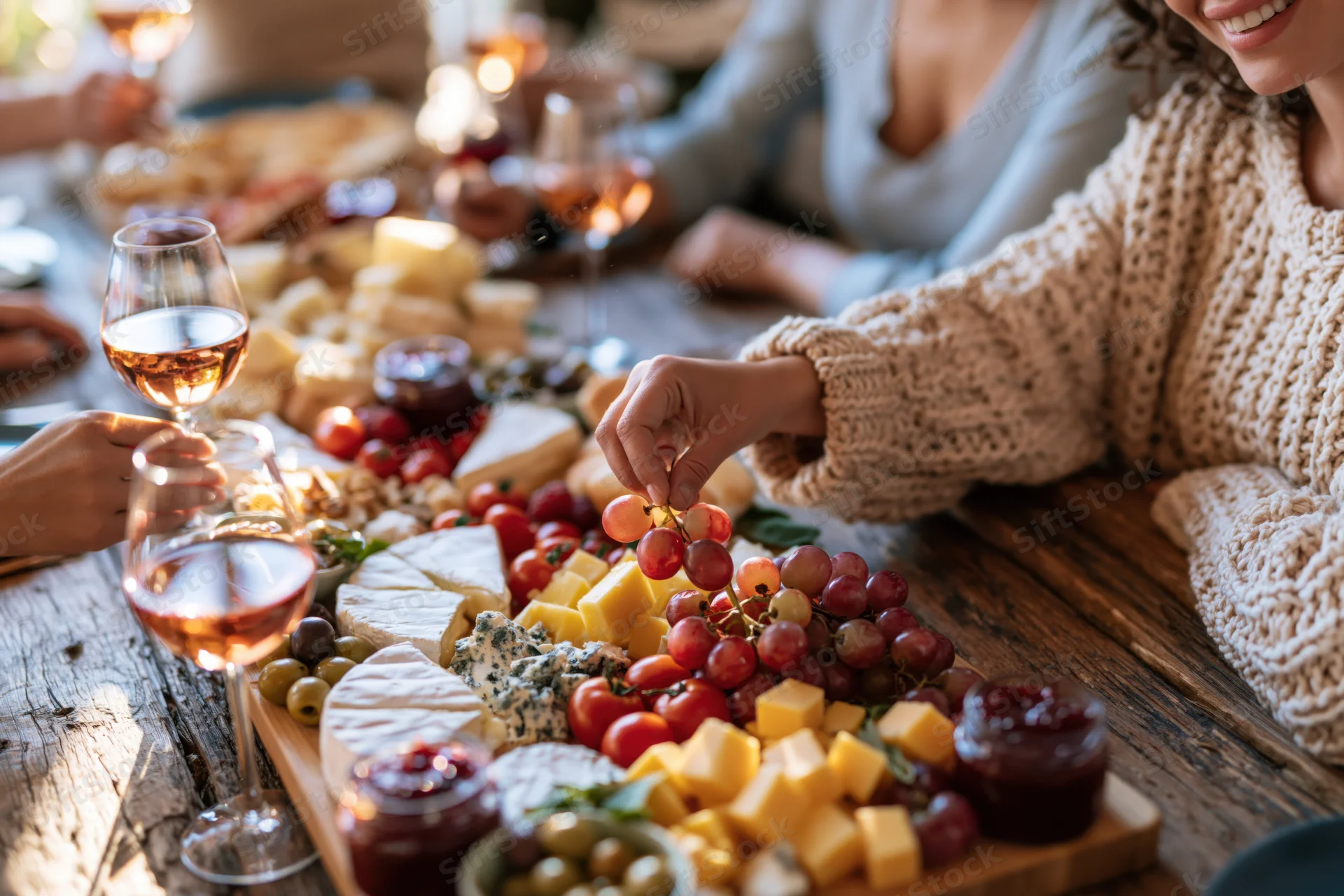 Woman smiling while reaching for grapes on a charcuterie board at a rustic wooden table with friends dining