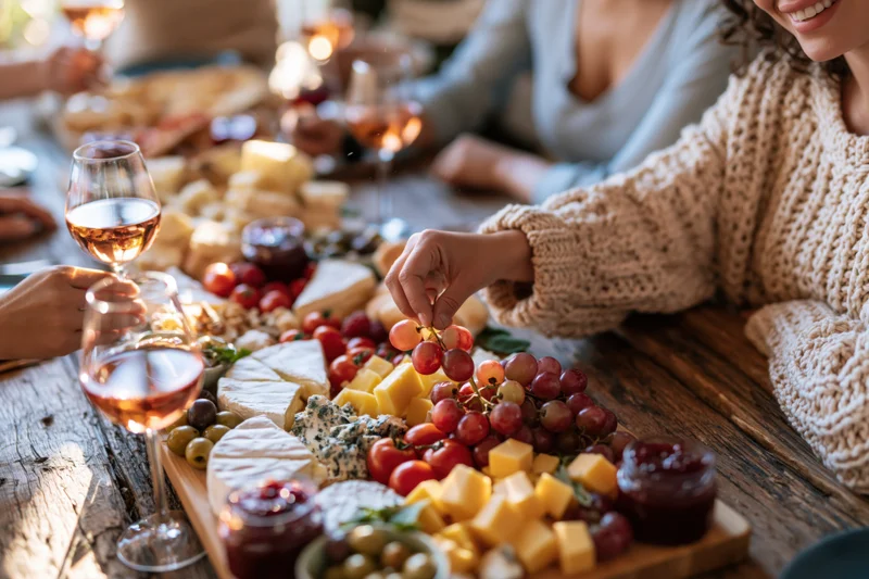Woman smiling while reaching for grapes on a charcuterie board at a rustic wooden table with friends dining