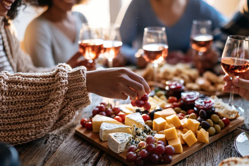 Friends sharing a charcuterie board with cheese, grapes, and wine at a rustic wooden table