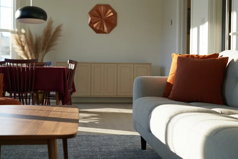 Midcentury living room with sofa, coffee table and dining area in natural light