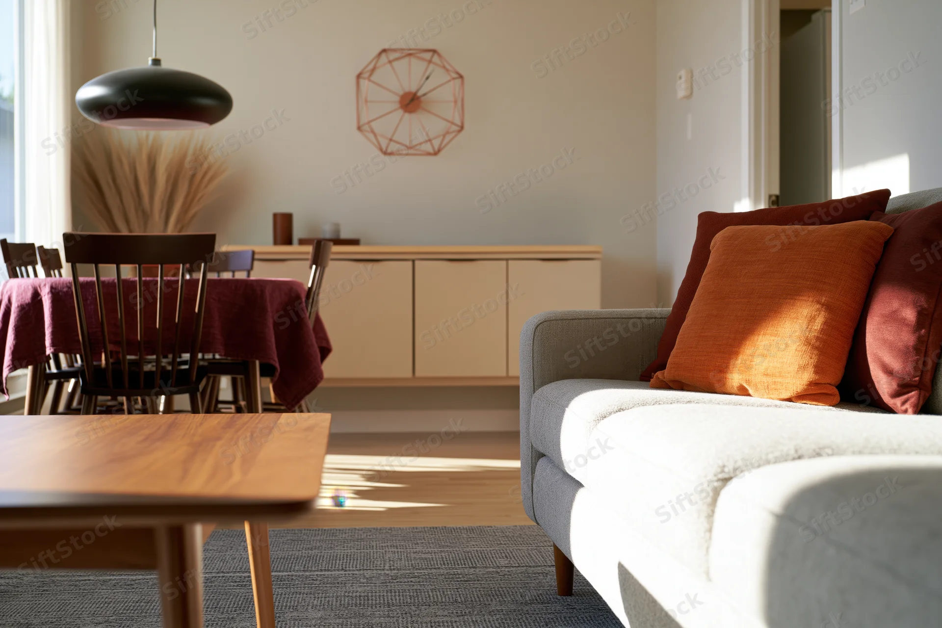 Midcentury living room with gray sofa, orange cushions, wooden coffee table, dining area, and pendant light, featuring natural sunlight and modern decor