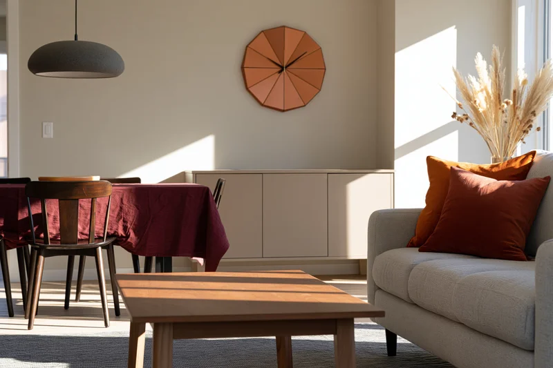 Midcentury modern living room with sofa, coffee table and dining area in natural light