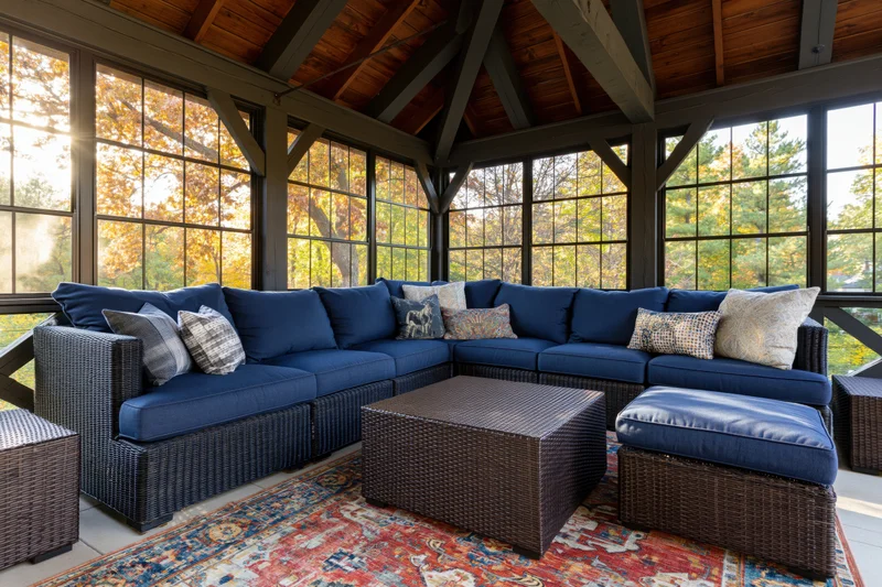 Blue wicker sectional sofa with patterned rug and large windows on a sunlit screened porch