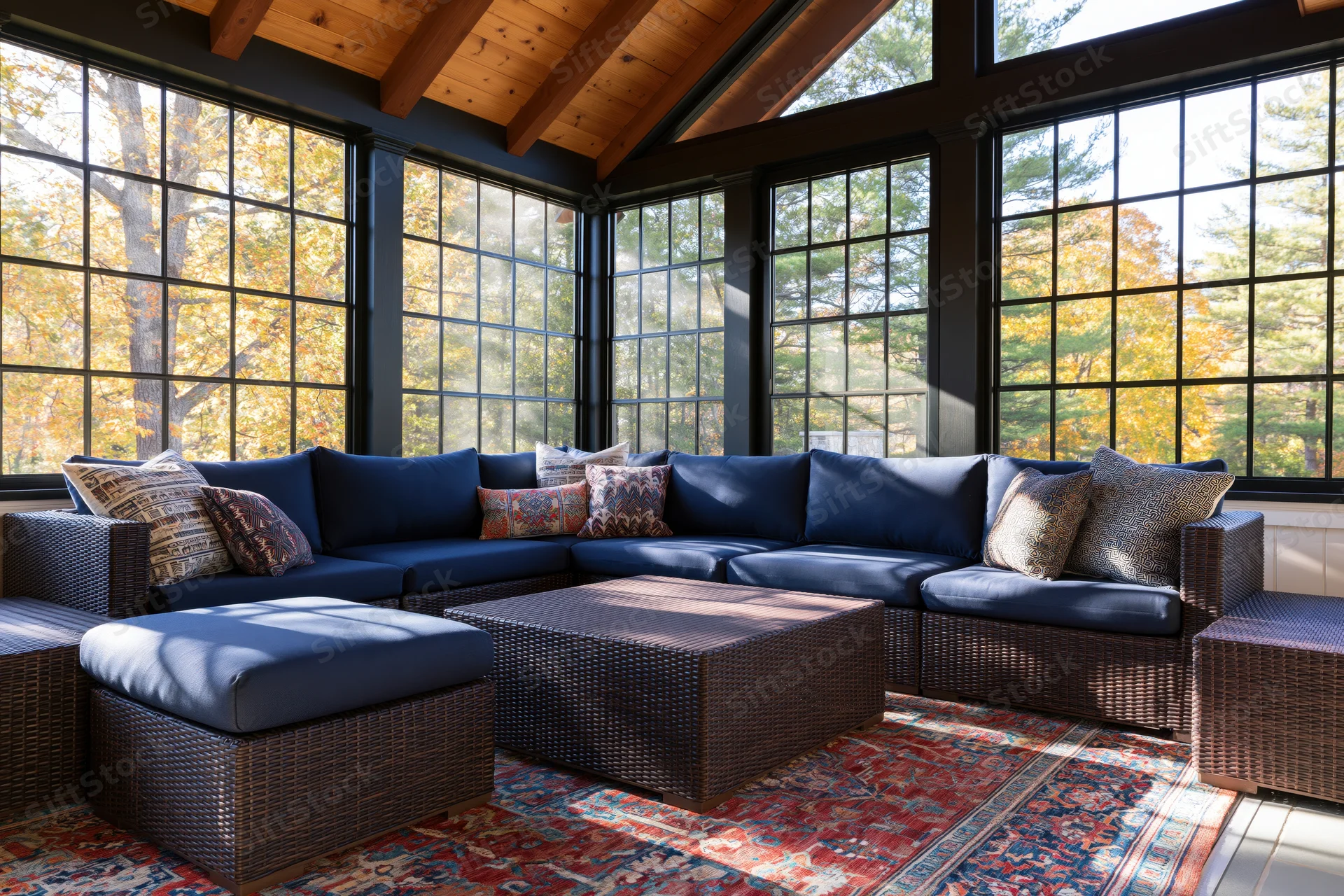 Sunlit screened porch with navy wicker sectional sofa and patterned rug surrounded by autumn trees